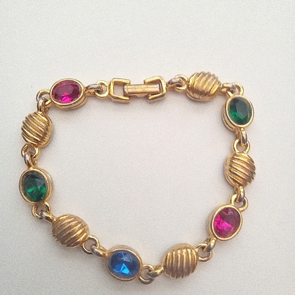 Fashion Jewelry Jewelry - Multi Color Gemstone/Crystal Link Tennis Bracelet Textured Gold Tone Beads 1980s